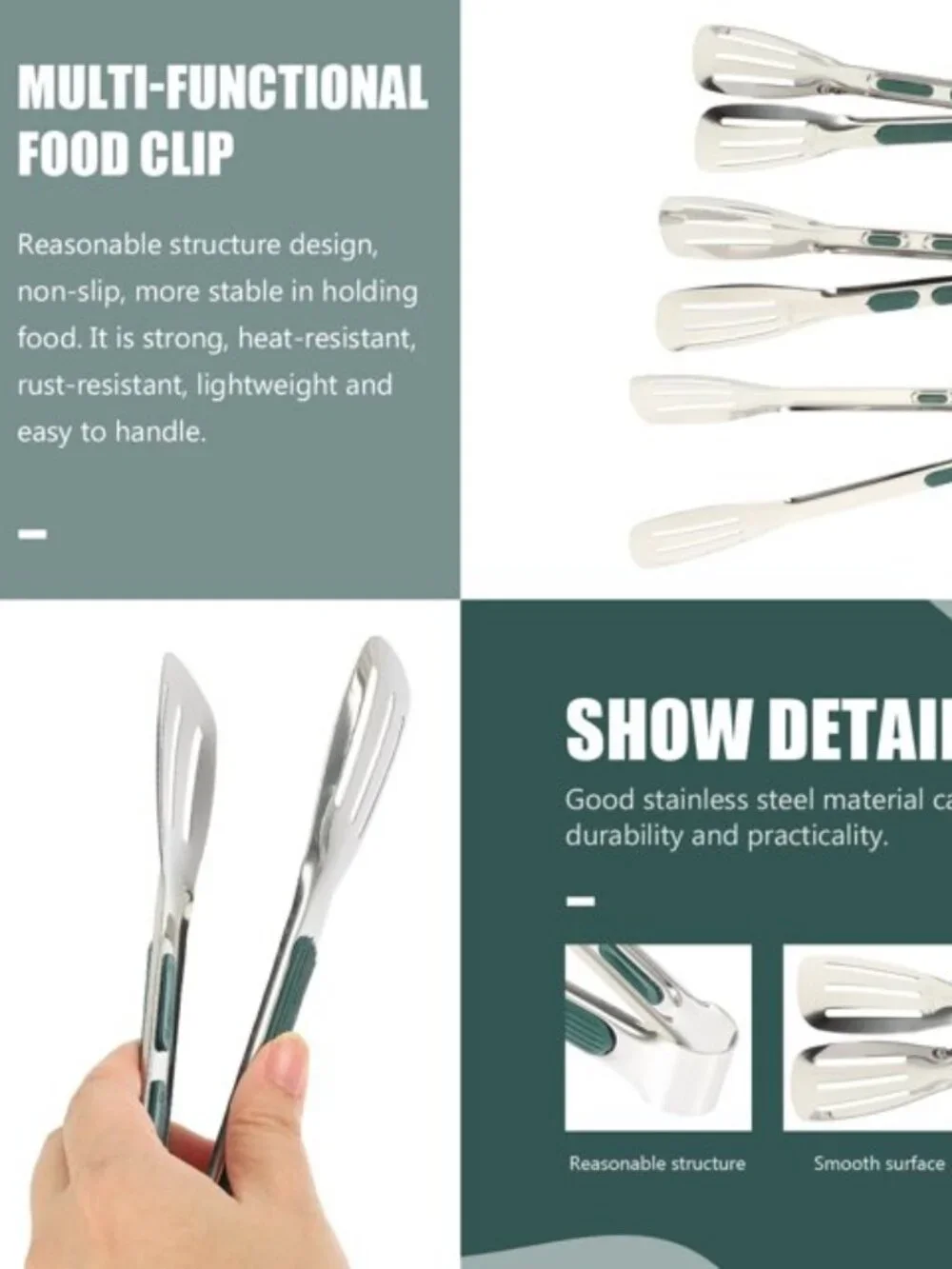 3x Stainless Steel Kitchen Tongs Food Serving Grill Multi Purpose Cooking Tongs